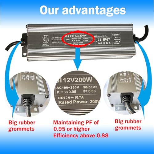 Led Driver 12V Led Transformer 200W IP67 Waterproof Power Supply 100-260V AC to 12Vdc Low Voltage Transformers with 3-Prong Plug 3.3 Feet Cable Indoor Outdoor LED Light - style: 12V 200W