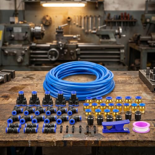 56PCS Blue PU Air Hose Pipe Tube Kit, 4mm OD 2.5mm ID, 50FT - color: Blue, size: 4mm OD x 50FT