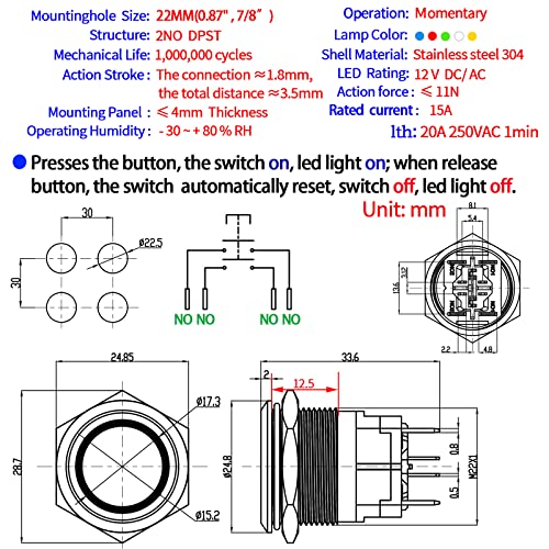 UL Listed 15Amp 22mm Momentary Push Button Switch, IP67 Waterproof, DPST 2NO, Stainless Steel 304, On Off Switch with Wire Socket, 12V Blue LED. - color: Blue, size: Momentary 12V