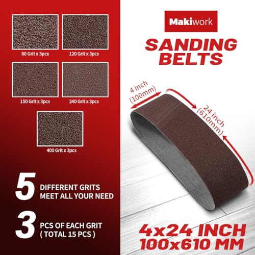 4 x 24 Inch 100 x 610 mm Sanding Belts Set - 15-Pack with 80/120/150/240/400 Grits, Aluminum Oxide Abrasive Belts for Woodworking - size: 4 x 24(15pcs)