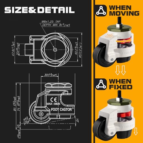 Retractable Leveling Machine Casters 4Pcs- 440 lbs Per Set - size: 1.5 INCH