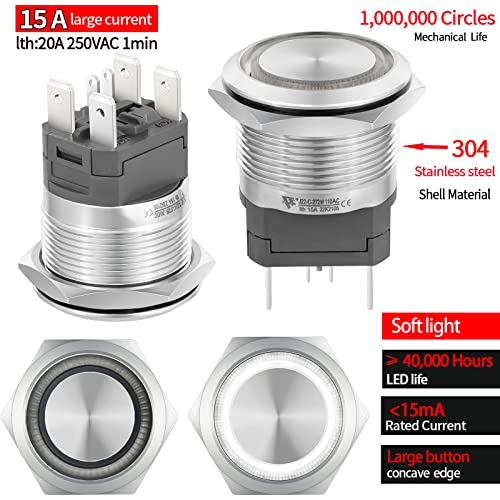 UL Listed 15Amp 22mm Momentary Push Button Switch, IP67 Waterproof, DPST 2NO, Stainless Steel 304, On Off Switch with Wire Socket, 110V White LED. - color: White, size: Momentary 120V