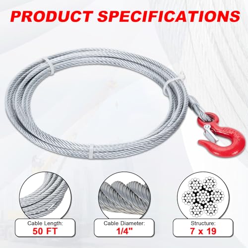 Steel Winch Cable, 1/4 Inch x 50 Feet, Heavy-Duty Towing Cable - size: 1/4"x50ft