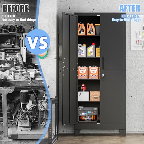 70.86" Metal Garage Storage Cabinet, Lockable Tall Tool Cabinet, Black - color: Black, size: 13.78"D x 25.98"W x 70.86"H