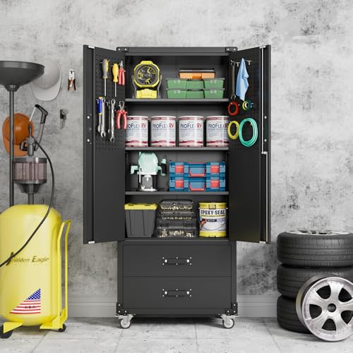 Metal Garage Storage Cabinet with Wheels, 2 Drawers and Pegboard Doors - color: Black, size: 15.2"D x 30"W x 71.2"H