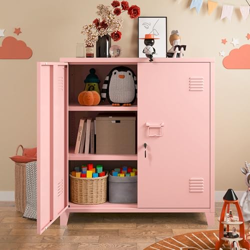 MIOCASA Metal Storage Cabinet with Locking Double Doors, Lockable Steel Cabinet with Adjustable Shelves for Home Office, Garage, Coffee Bar, Entryway - color: Pink