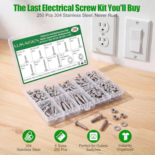 250 Pcs #8-32 Pan Head Machine Screws Nut Washer Bolt Kit,304 SS - size: SS 250Pcs #8-32(1/4" to 1-1/4" ) Pan