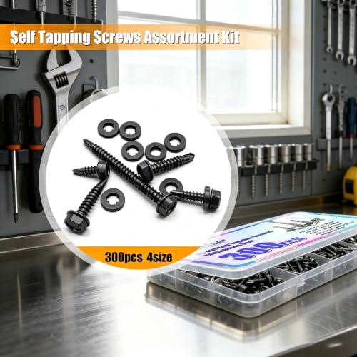 weideer 300pcs #8#10 Self Tapping Screws,410 Stainless Steel Hex Washer Head Sheet Metal Screw,Black Self Tapping Screws for Metal,Quick Tapping Screw with Rubber Washer - size: BK 300PCS #8#10 Kit