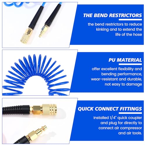 Flutesan 10 Pack 1/4 in x 10 ft Recoil Air Hose with Quick Coupler, Blue - color: Blue