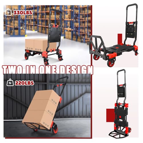 Folding Hand Truck, 2 in 1 Portable Heavy Duty Carrying Moving Dolly Cart with 4 Foldable Wheels and Retractable Handle Duty 330lbs (Red with Folding Basket) - color: Red-b