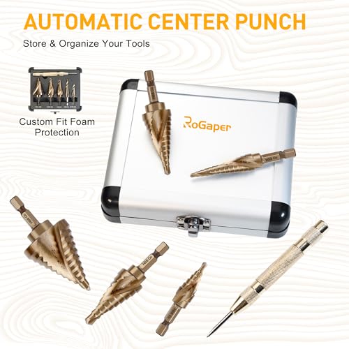 6PC Cobalt Step Drill Bit Set, Hex Shank Step Drill with Two Spiral Flutes and Automatic Center Punch for Metal, Stainless Steel, Aluminum, Wood, and Plastic with Aluminum Case, 50 Sizes - style: M35-6PC