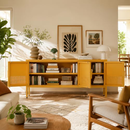 3 Door Wide TV Stand, Metal Storage Cabinet with Adjustable Shelf, 2-Tier Accent Cabinet, Multipurpose Metal Locker for Office, Home, Living Room Yellow 22" H X 47.3" W X 13.8" D - color: Mustard, style: Cabinet-22"H-MU