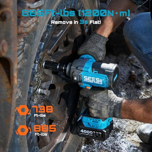 Seesii Upgraded Cordless Impact Wrench 885Ft-lbs (1200N·m): 1/2" Impact Gun with Detachable Side Handle, 21V High Torque Power Impact Driver 2x 4.0Ah Batteries for Family Car/Pickup Truck/Mower - color: With Handle 885 Ft-lbs / 2x4.0ah Battery