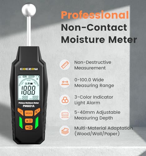 Moisture meter with ball sensor for non-destructive scanning, suitable for all building materials such as wood, walls, plaster, masonry and concrete substrates, maximum measuring depth 0.2-1.57 Inch. - color: Black Orange