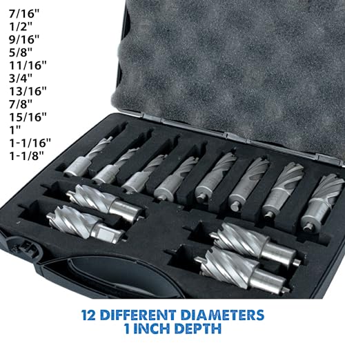 Evolution Power Tools Annular Cutter Kit for Magnetic/Mag Drills, 1 Inch Depth Drill Bit, Mixed Width 7/16 to 1-1/8 Inch, Carry Case Included, Set of 12 - style: Cutter Kit 12pc x 1"