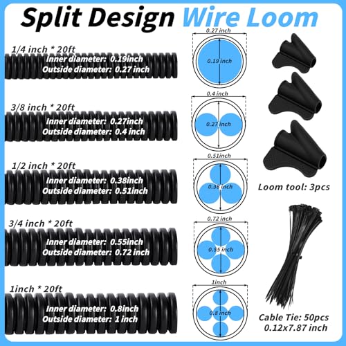 Oleitodh 1" 3/4" 1/2" 3/8" 1/4" OD Split Loom Tubing, 20ft Each, 5 Sizes - color: Black, size: 1/4,3/8,1/2,3/4,1in x 20ft