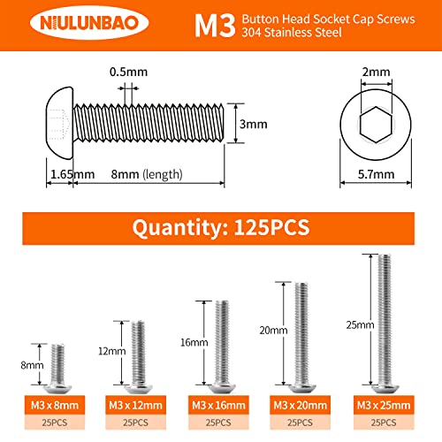 M3 x 8mm 12mm 16mm 20mm 25mm Button Head Socket Cap Screws Bolts, 304 Stainless Steel, Machine Fully Threaded, Metric Allen Hex Drive, Bright Finish, Assortment Kit 125PCS - size: M3 x 8/12/16/20/25mm (125PCS)