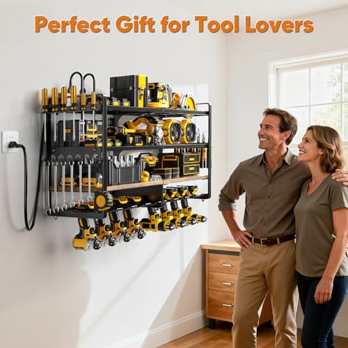 POKIPO Power Tool Organizer Wall Mount with Charging Station, 4 Tier Tool Battery Storage Rack Built in 8 Outlet Power Strip for Garage, 33" W, Black Wood - color: Black Brown, size: 33" W