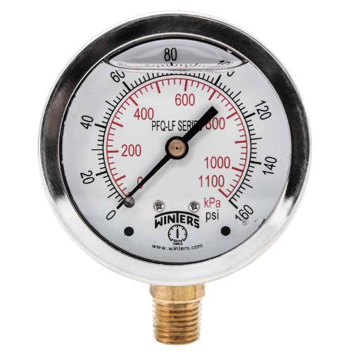 Winters 2-1/2" Dial Size, Liquid Filled Pressure Gauge, Potable Brass Internals, 304 Stainless Steel Case, Dual Scale 0-160 psi/kPa, 1.5% Acc, 1/4" NPT Bottom Mount, Drinking Water Pressure Gauge - style: 0/160 PSI/kPa