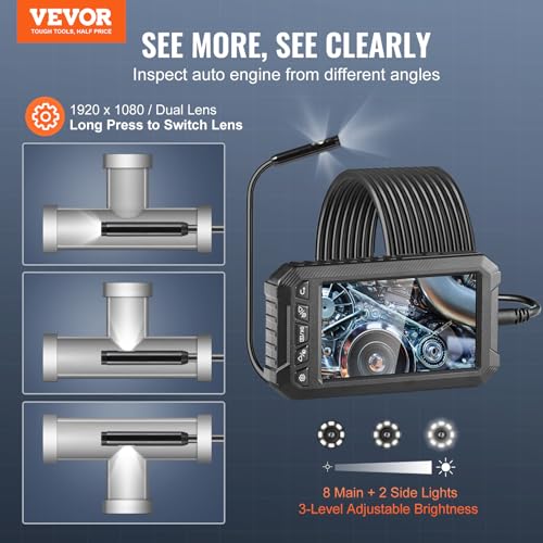 VEVOR Endoscope Camera with Light, Triple Lens Industrial Borescope, 5" Screen 1080P Inspection Camera, 8 + 2 Lights, IP67 Waterproof Snake Cameras for Automotive, Plumbing (16.4FT Cable, 32GB Card) - size: 16.4FT