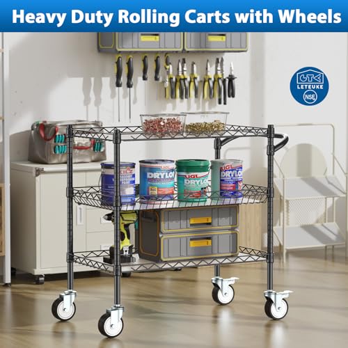 Leteuke 3 Tier Rolling Carts with Wheels, Heavy Duty Rolling Utility Cart - color: Matte Black