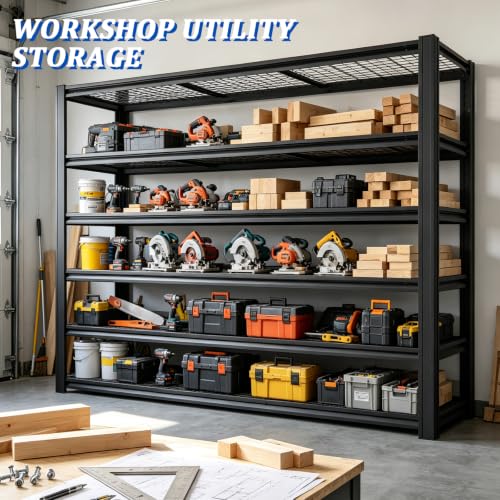 6 Tier Heavy Duty Metal Garage Storage Shelving, 62" W x 24" D x 84" H Adjustable Steel Storage Rack with 6000 LBS Total Load Capacity, Multipurpose Industrial Shelves for Warehouse Basement - size: 6T-62" W x 24" D x 84" H
