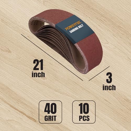 POWERTEC 3 x 21 Inch Sanding Belts, 10PK, 40 Grits Aluminum Oxide Sandpaper, 3x21 Sanding Belt for Portable Belt Sander, Woodworking, Paint Sanding, Metalworking, Rust Removal, Polishing (110460) - style: 40 Grit
