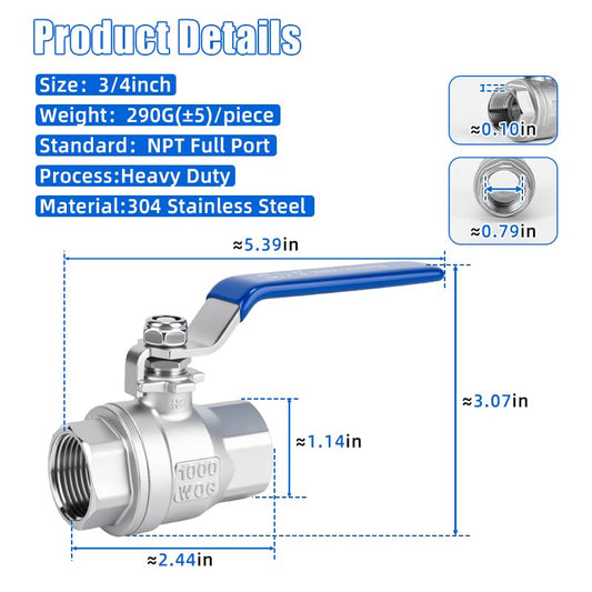3/4 inch Ball Valve 2 Pack Full Port Female NPT Thread Shut Off Valve - size: 3/4 Inch