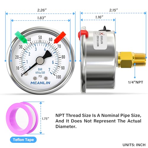 MEANLIN MEASURE 0~100Psi Dry Pressure Gauge Stainless Steel 1/4" NPT 2" FACE DIAL Waterproof for Well Pump Water Tire Water Pressure Tester Back Mount (with 2PCS Snaps) - size: 0-100Psi
