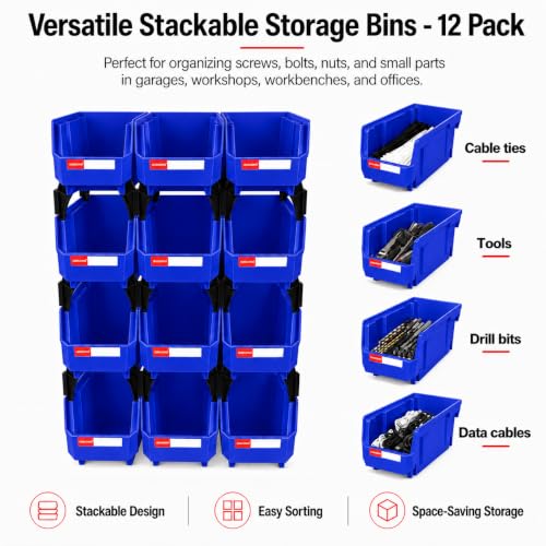 12 Pack Stackable Storage Bins Heavy Duty Parts Organizer Blue - color: Blue-12 Pack, size: 11"x5"x5"