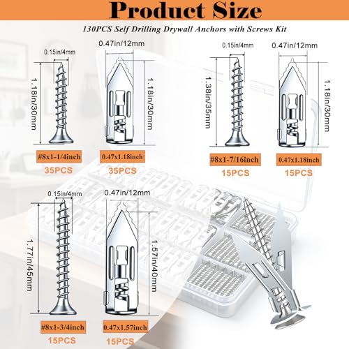 130 PCS Self Drilling Drywall Anchors with Screws Kit-2 Sizes Sheetrock Anchors & 3 Sizes Zinc Expansion Screws,Upgraded Zinc Plated Steel,No Drill Needed,Holds Up to 66LB on Walls(Sliver) - color: 130PCS-KIT-Silver
