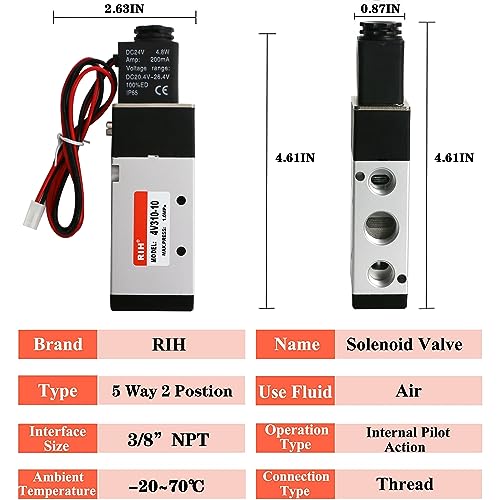 RIH Pneumatics Solenoid Valve 4V310-10 12V/24V/110V Series Single Coil Pilot-Operated Electric 2 Position 5 Way Connection Type (DC24V/Out of line, 3/8"NPT) - size: DC24V/Out of line, style: 3/8"NPT
