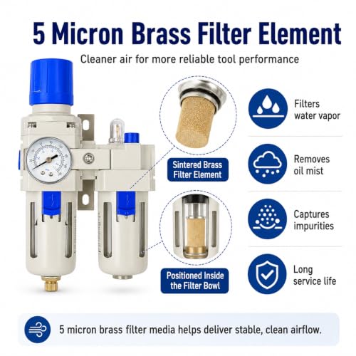 BLCH 1/2" NPT Air Compressor Water Separator - Air Pressure Regulator Compressed Air Filter Regulator Lubricator Combo AC4010-04 Semi-auto Drain Poly Bowl Gauge 0-160 PSI 5μm Brass - size: AC4010-04