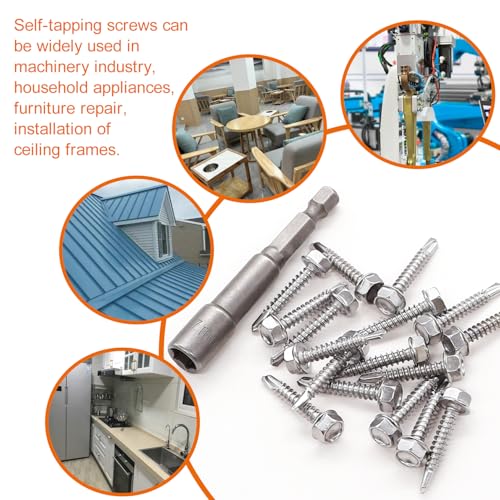 weideer 200pcs #8×3/4" Self Tapping Screws for Metal, 410 Stainless Steel Hex Washer Head Sheet Metal Screws,Quick Tapping Screw with Screwdriver Bit