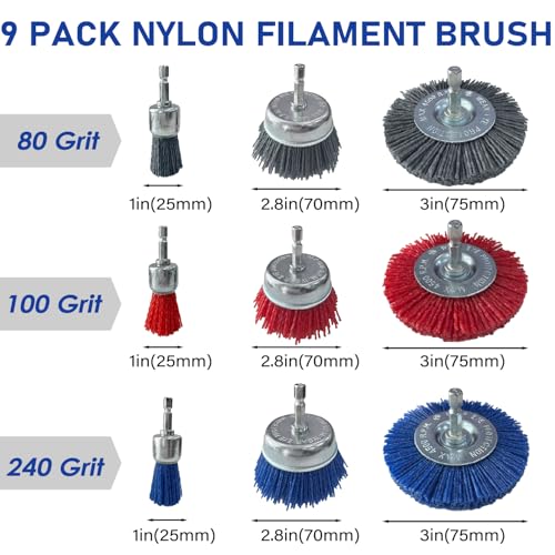 9 Pack Nylon Filament Brush for Drill, 80/100/240 Grit Nylon Drill Brush Set with 1/4" Hex Shank, Abrasive Brush Wheel and Cup Brush Set for Removal of Rust Corrosion Paint