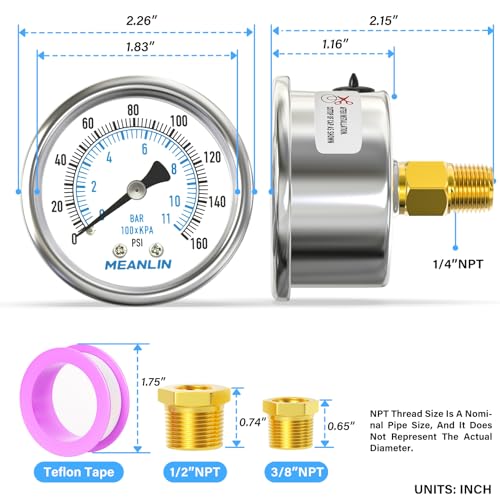 MEANLIN MEASURE 0~160Psi Dry Pressure Gauge Stainless Steel 1/4" NPT 2" FACE DIAL Waterproof for Air Compressor RV Regulator Water Pressure Tester Black Mount, with 1/2" NPT and 3/8" NPT Hex Bushing - size: 0-160Psi
