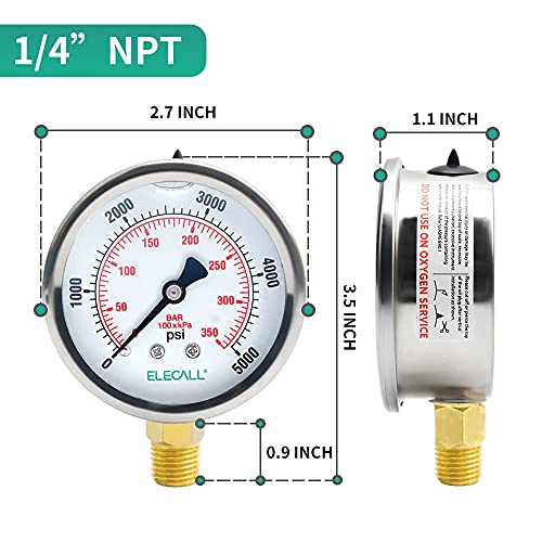 2-1/2" Glycerin Liquid Filled Air Pressure Gauge, 0-5000Psi, 1/4" NPT Lower Mount, Stainless Steel Case, Brass Internals, Water Pressure Gauge - size: 0-5000 Psi