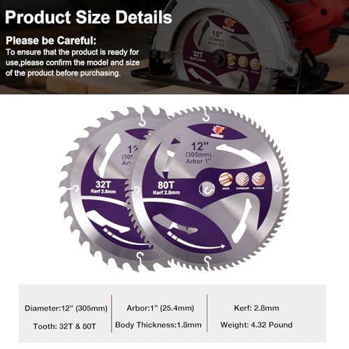 12" Circular Saw Blade, 32T&80T 2pcs-Set, Table Saw Blade, Miter Saw Blade.