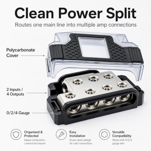 QWORK 6-Way Power Distribution Block 2 in 4 Out 0/2/4 Gauge Ground Distributor for Car Audio Amplifier, Automotive Stereo, Marine Wiring - Heavy Duty Brass Splitter Box with Cover