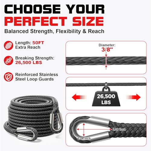 Synthetic Winch Rope Extension - 3/8" x 50ft 27000 lbs Heavy Duty Extension Winch Line Cable Replacement for ATV UTV Off Road Vehicle Jeep Truck - Grey - color: Grey, size: 3/8 Inch x 50 Feet