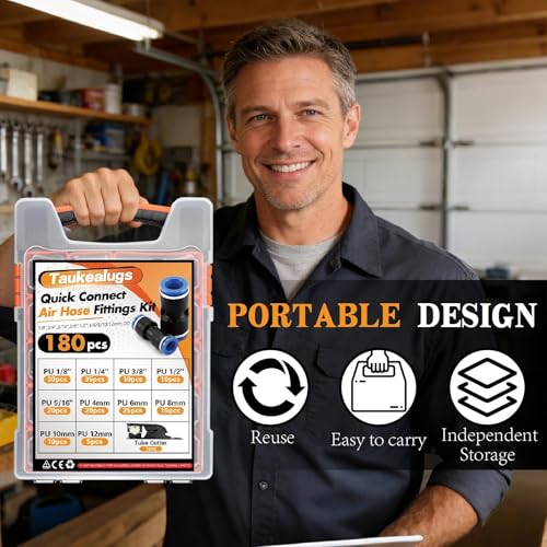 180 Pcs Push-to-Connect Air Hose Fittings Assortment Kit,Quick Connect Hose Fittings 1/8" 1/4" 5/16“ 3/8" 1/2" and 4 6 8 10 12mm Pneumatic Quick Connectors