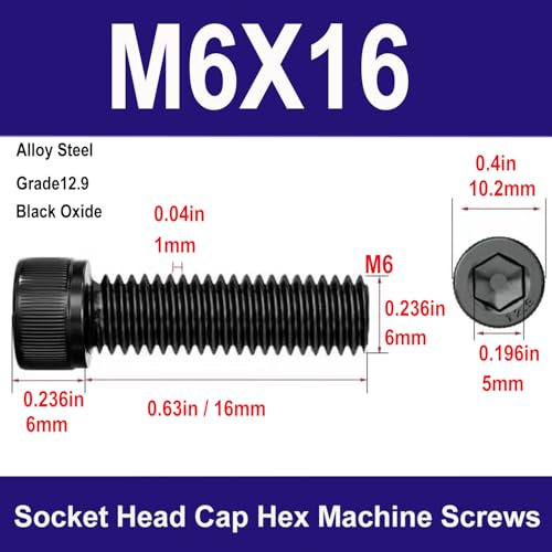 M6-1.0 x16mm Socket Head Cap Screws Bolts, Grade 12.9 Alloy Steel Black Oxide, M6 20mmAllen Socket Drive, Machine Thread with Hex Spanner,20 PCS (M6X16) - size: M6X16mm