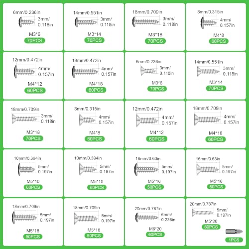 1220Pcs 304 Stainless Steel Self Tapping Screws Assortment Set, M3/M4/M5 Flat Head & Round Head Self Tapping Screws Assortment Set, Phillips Drive Wood Screw Assortment Kit - size: M3/4/5-1220Pcs