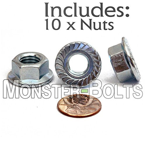 MonsterBolts - M10 Serrated Flange Nuts, DIN 6923, Zinc CR+3, 10 Pack - size: M10 - 1.50