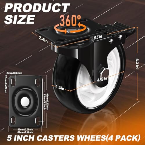 QNCZ 5 Inch Heavy Duty Caster Wheel with Dual Brake,Silent, Black,Set of 4 - color: Black, size: 5 IN