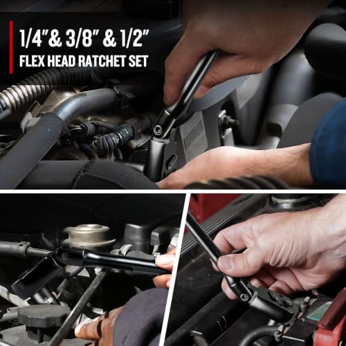 zhax 3-Piece Flex-Head Ratchet Set, 1/4”, 3/8”, 1/2” Drive 90-Tooth Ratchets, Quick Release Reversible Ratchet Wrenches for Repairing, Home, DIY, Chrome Alloy Made