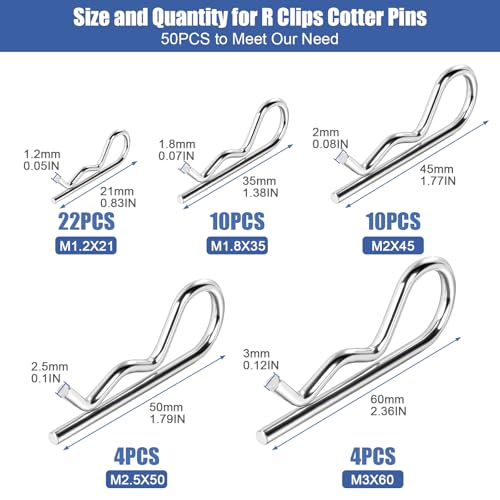 50PCS Cotter Pins Assortment Kit R Clips Hitch Pin