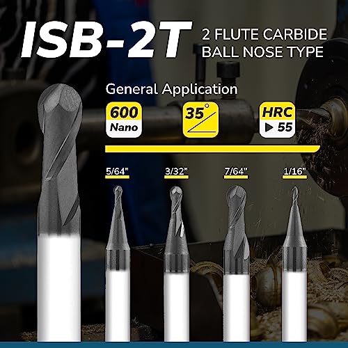 SPEED TIGER Micrograin Carbide Ball Nose End Mill - 2 Flute - ISB3/16 2T (5 Pieces, 3/16") - for Milling Alloy Steels, Hardened Steel, Metal – Mill Bits Sets for DIYers & Professionals - size: 3/16 in