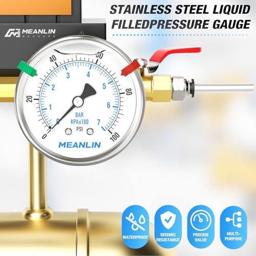 MEANLIN MEASURE 0~100Psi Stainless Steel Liquid Filled Pressure Gauge 2.5" FACE DIAL 1/4" NPT for Well Pump Tire Water Pressure Tester Back Mount with Stainless Steel Hex Bushing and Snaps - size: 0-100Psi, style: Back Mount