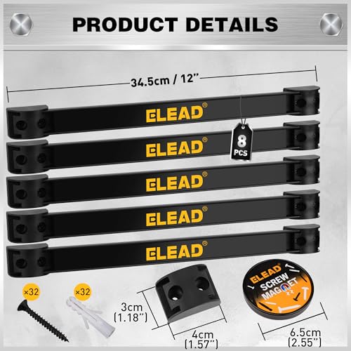 ELEAD 9-Piece 12" Magnetic Tool Holder Storage Organizer - Wall Mount Rack Garage Organization Power Magnet Hanger Workbench Board Slatwall Van Organizers Mounted Hanging Strip - color: Magnetic 12-Inch (9-Piece) Black